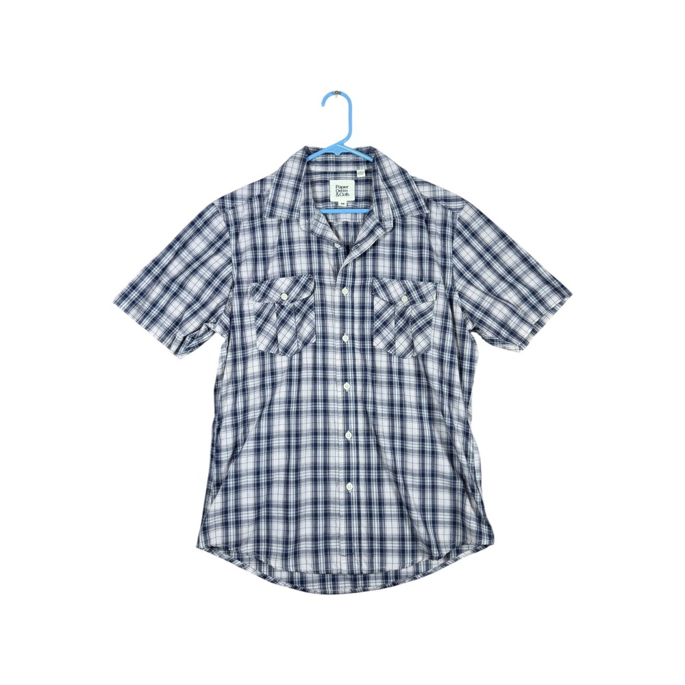 Paper Denim & Cloth Mens Navy Blue White Plaid Short Sleeve Button Down Shirt M